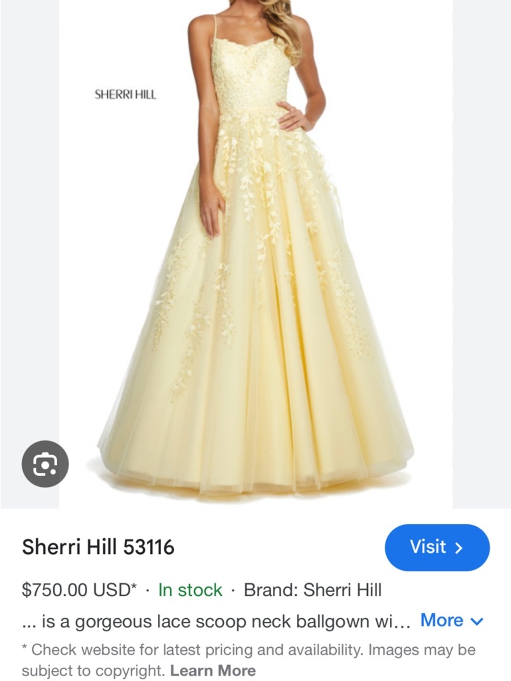 Sherri Hill Pale Yellow Lace A-Line Ballgown 

Style # 53116